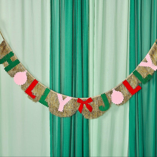Holly Jolly Gold Fringe Banner (Reusable Holiday Garland)