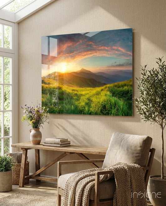 Sunburst Over Green Grass Ridge Glass Wall Art