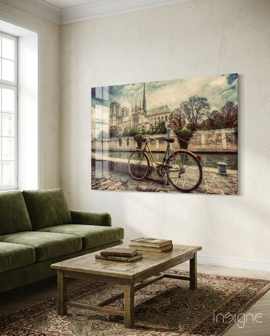 Cobblestone Riverside Bicycle Sepia View Glass Wall Art