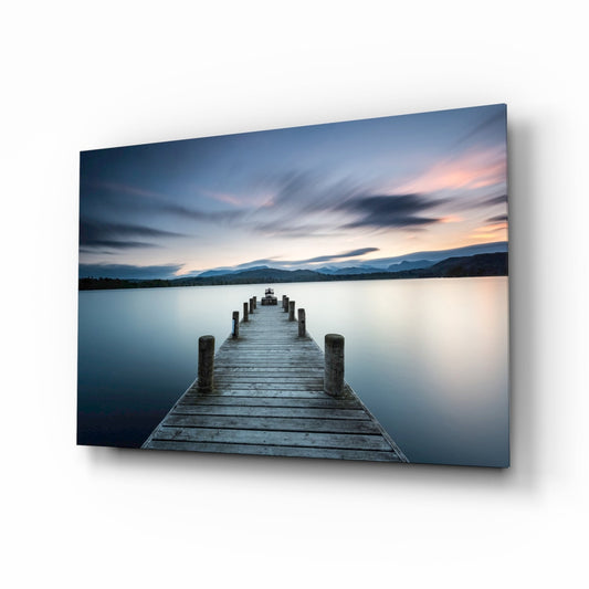 Panoramic Dusk Lake Jetty Glass Wall Art