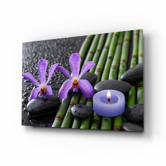 Purple Orchids Bamboo Candle Glass Wall Art