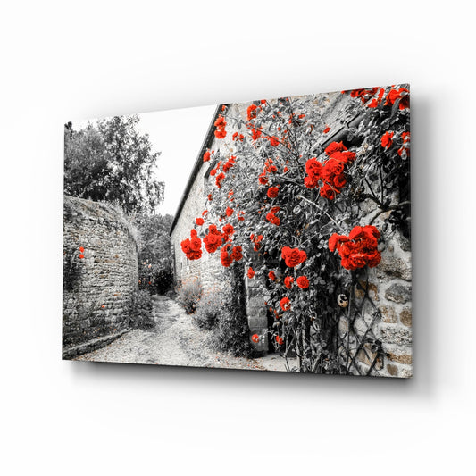 Red Roses Over Gray Stone Alley Glass Wall Art