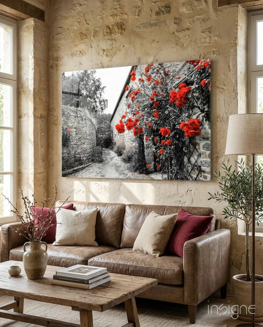 Red Roses Over Gray Stone Alley Glass Wall Art