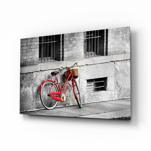 Red Bike Against Barred Window Wall Glass Wall Art