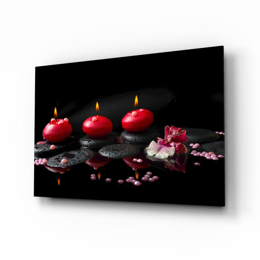 Red Candles Zen Stones Glass Wall Art