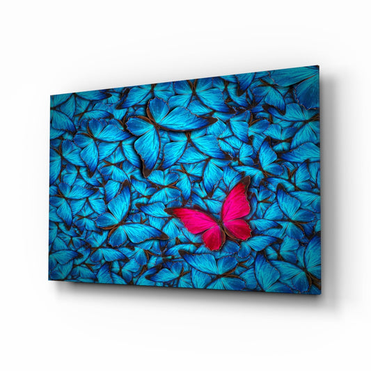 Magenta Butterfly Among Blue Glass Wall Art