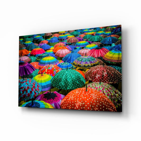 Panoramic Rainbow Umbrella Crowd Glass Wall Art