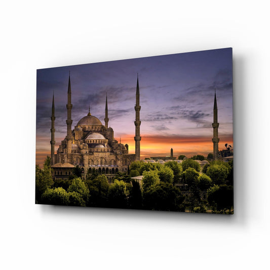 Purple Sunset Sky Blue Mosque Glass Wall Art