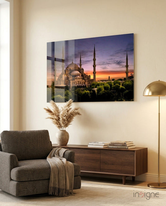 Purple Sunset Sky Blue Mosque Glass Wall Art