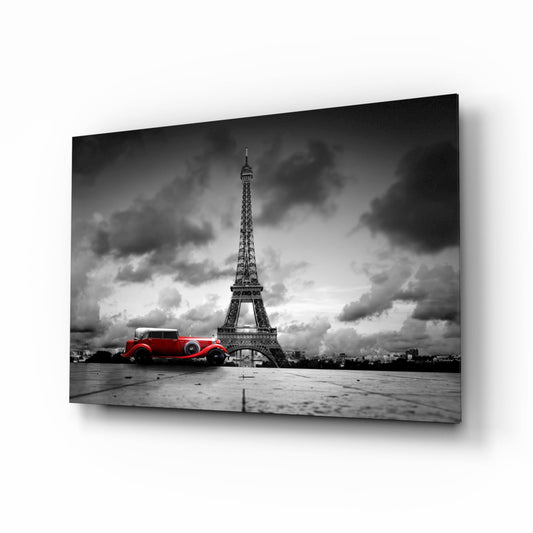 Red Vintage Car Eiffel Glass Wall Art