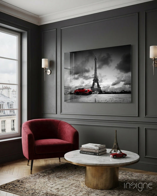 Red Vintage Car Eiffel Glass Wall Art