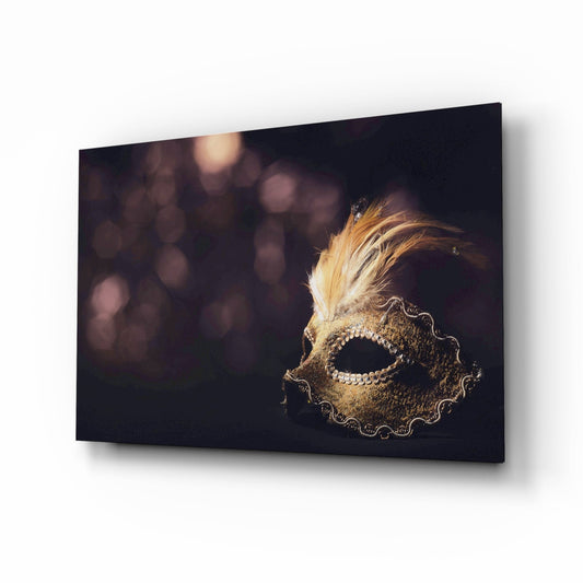 Gold Feathered Masquerade Mask Glass Wall Art