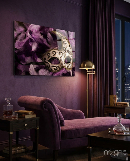 Ornate Mask Purple Feathers Glass Wall Art