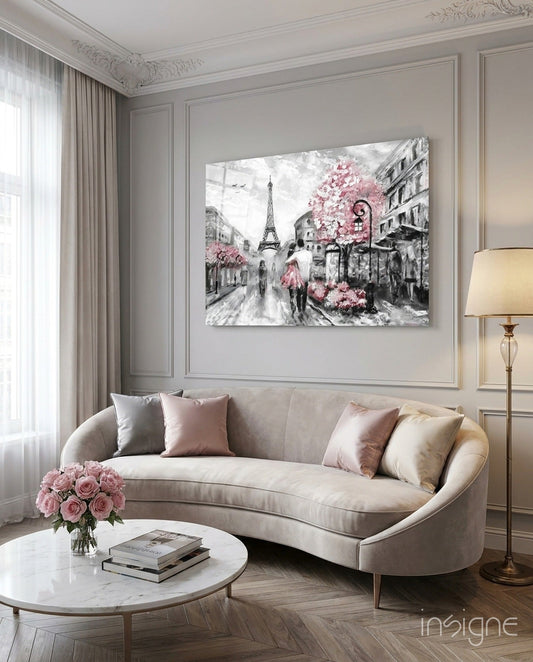 Gray Paris Street Pink Umbrella Couple Glass Wall Art