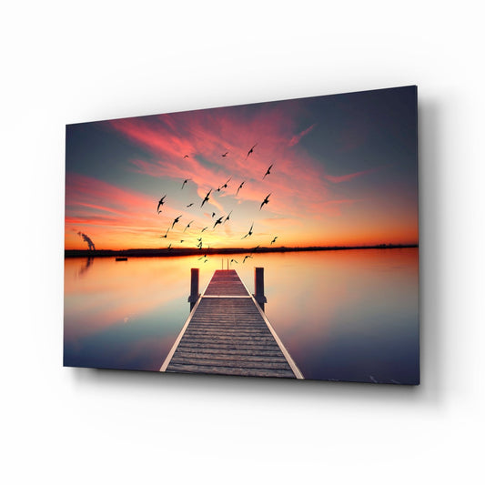 Rustic Pier Bird Flock Sunset Glass Wall Art