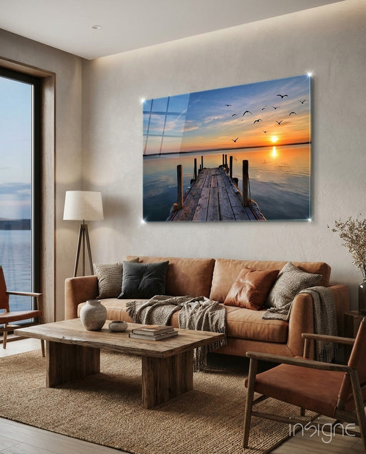 Rustic Pier Bird Flock Sunset Glass Wall Art