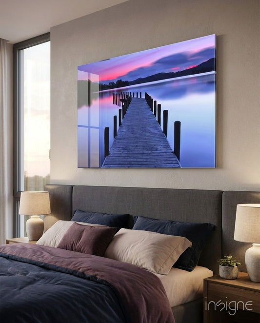 Purple Twilight Mountain Jetty Glass Wall Art