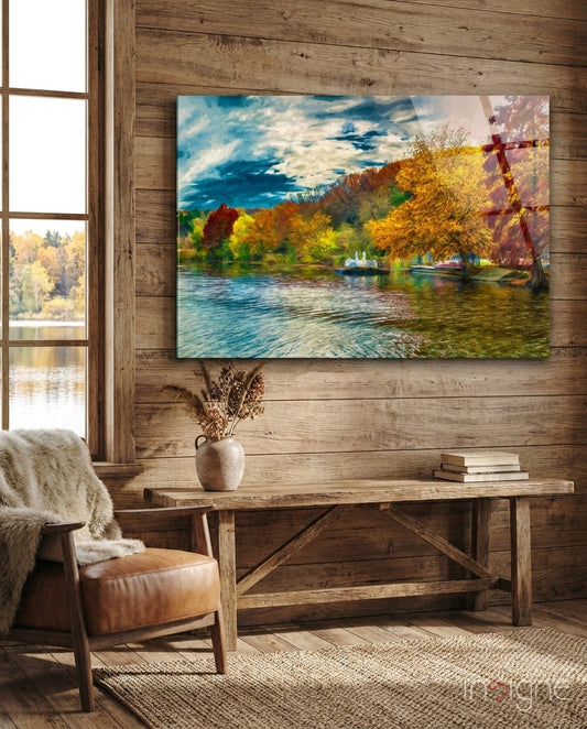 Golden Autumn Lakeside Painting Glass Wall Art
