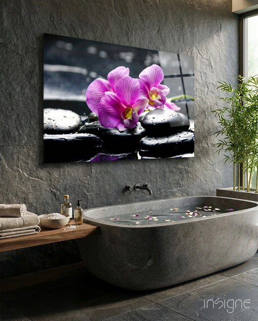 Magenta Orchid Pair Black Stones Glass Wall Art
