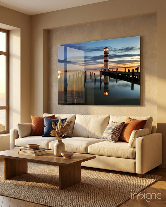 Striped Tower Dusk Pier Lighthouse Glass Wall Art