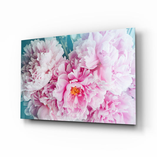 Pink Peony Bunch Teal Glass Wall Art