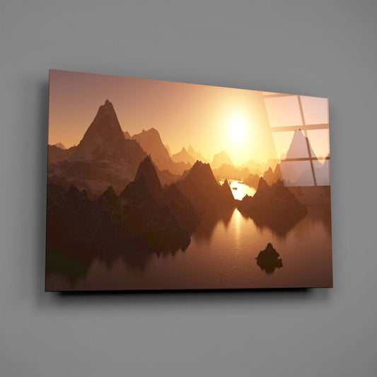 Amber Sunset Jagged Peaks Over Water Glass Wall Art