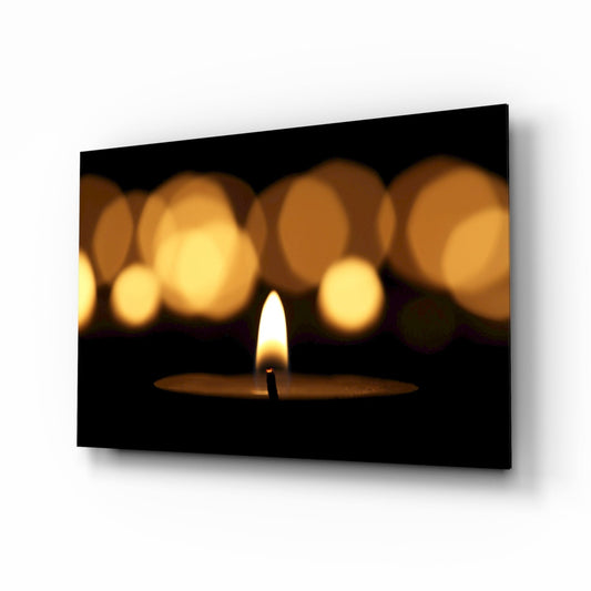 Single Flame With Golden Bokeh Glass Wall Art