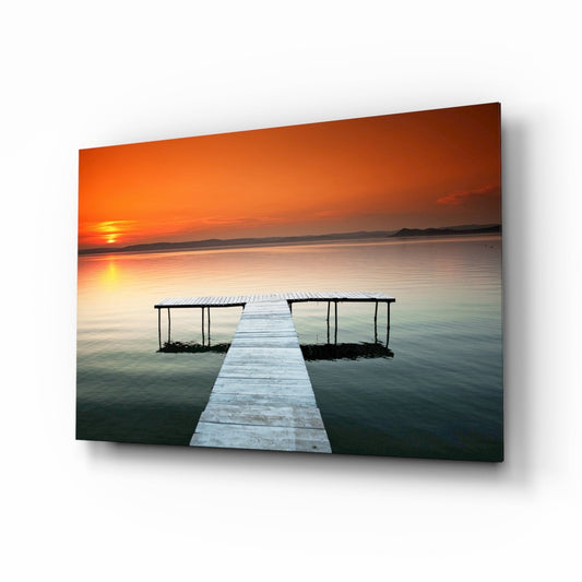 Orange Sunset Lake Swim Platform Glass Wall Art