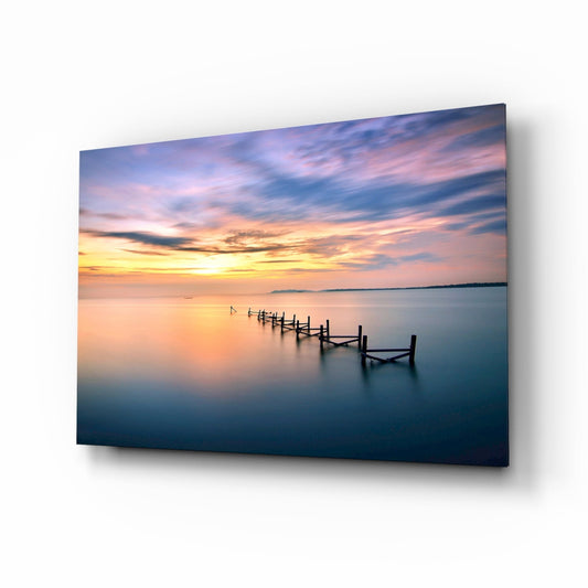 Purple Dusk Pier Posts Glass Wall Art