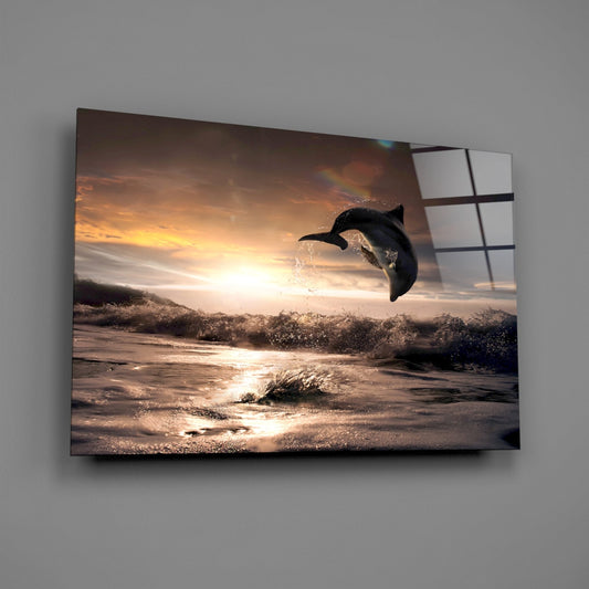 Leaping Dolphin Golden Sunset Glass Wall Art