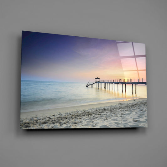 Pastel Dawn Sandy Beach Pier Glass Wall Art