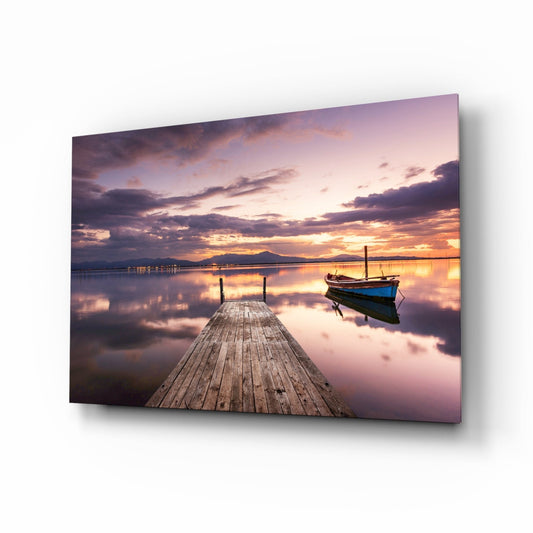 Violet Sunset Lone Boat Jetty Glass Wall Art