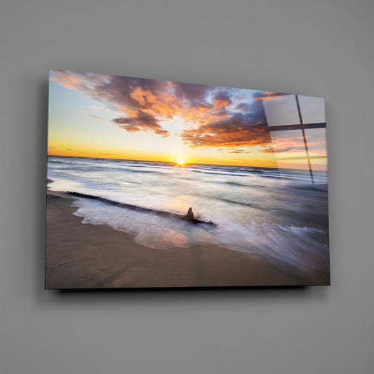 Driftwood Beach Sunset Glass Wall Art