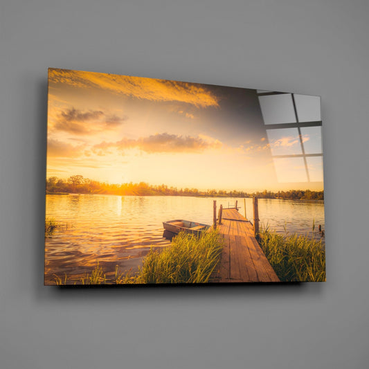 Sunset Rowboat Grassy Dock Glass Wall Art