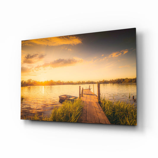 Sunset Rowboat Grassy Dock Glass Wall Art