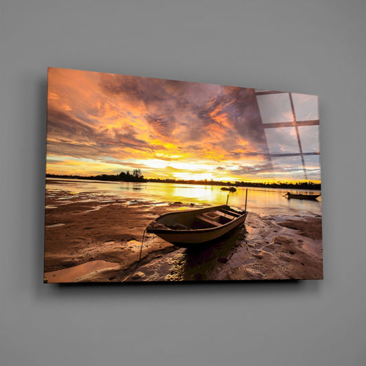 Purple Sunset Lake Boat Glass Wall Art