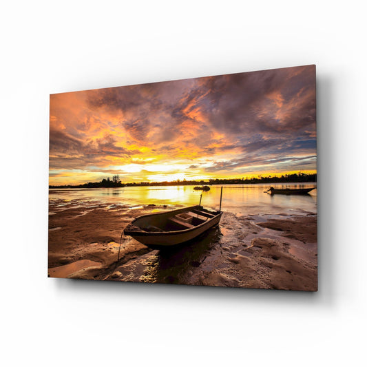 Purple Sunset Lake Boat Glass Wall Art