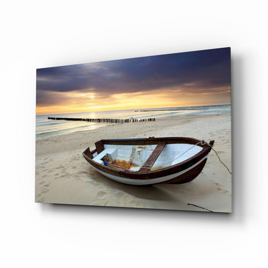 Wooden Rowboat Dramatic Sunset Beach Glass Wall Art
