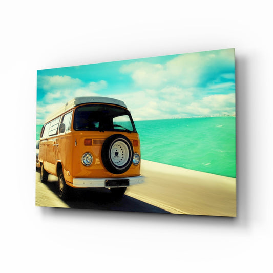 Orange Camper Van Turquoise Coast Glass Wall Art
