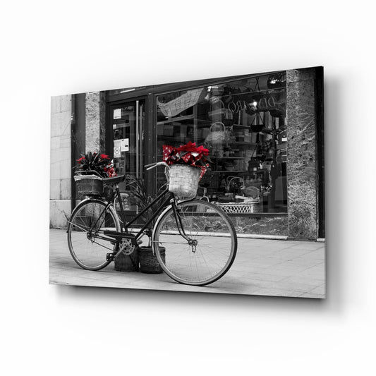 Red Flower Basket Bicycle Shopfront Glass Wall Art