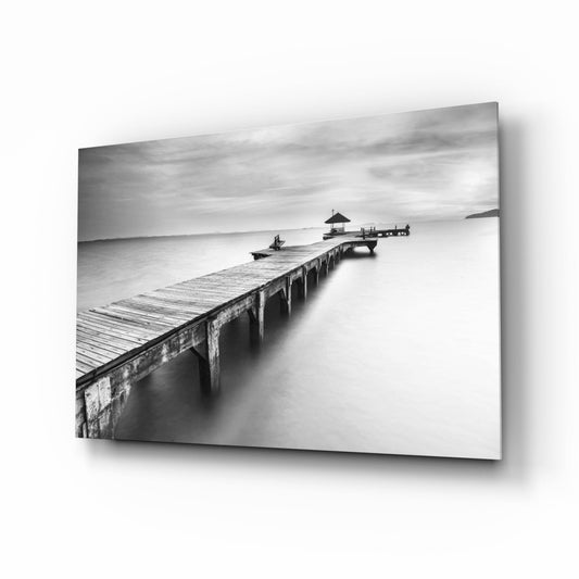 Black White Misty Pier Pavilion Glass Wall Art