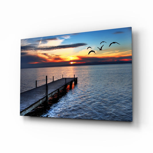 Sunset Silhouette Birds Lake Dock Glass Wall Art