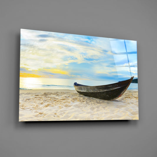 Dark Canoe On White Sand Beach Glass Wall Art