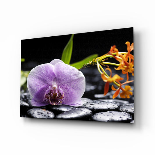 Lilac Orchid Orange Blooms Glass Wall Art