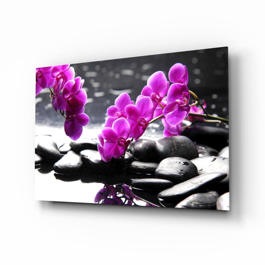 Pink Orchid Branch Zen Stones Glass Wall Art