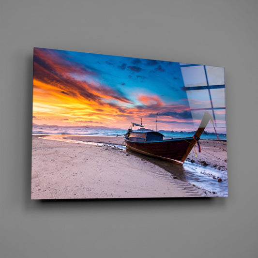 Longtail Boat Fiery Beach Sunset Glass Wall Art