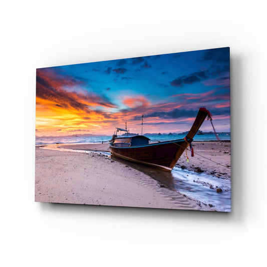 Longtail Boat Fiery Beach Sunset Glass Wall Art