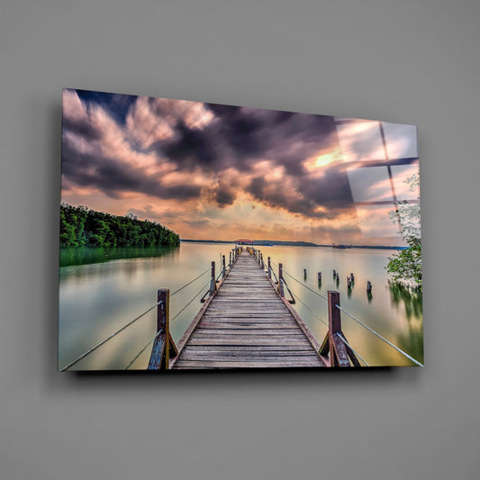 Dramatic Clouds Forest Lake Pier Glass Wall Art