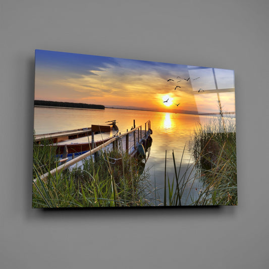 Lakeside Pier Boat Sunset Glass Wall Art