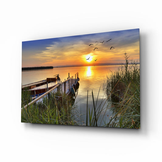Lakeside Pier Boat Sunset Glass Wall Art